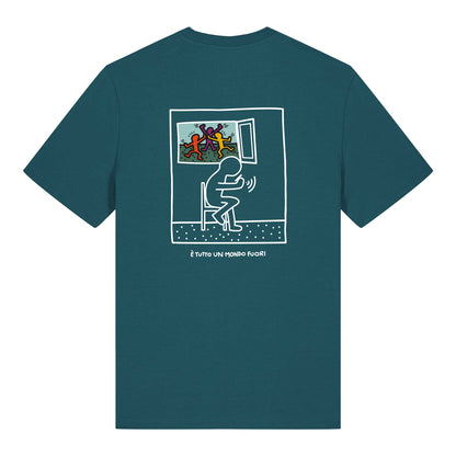 Defeua® FUORI, t-shirt ispirata a Keith Haring, in 100% cotone biologico GOTS colore ottanio