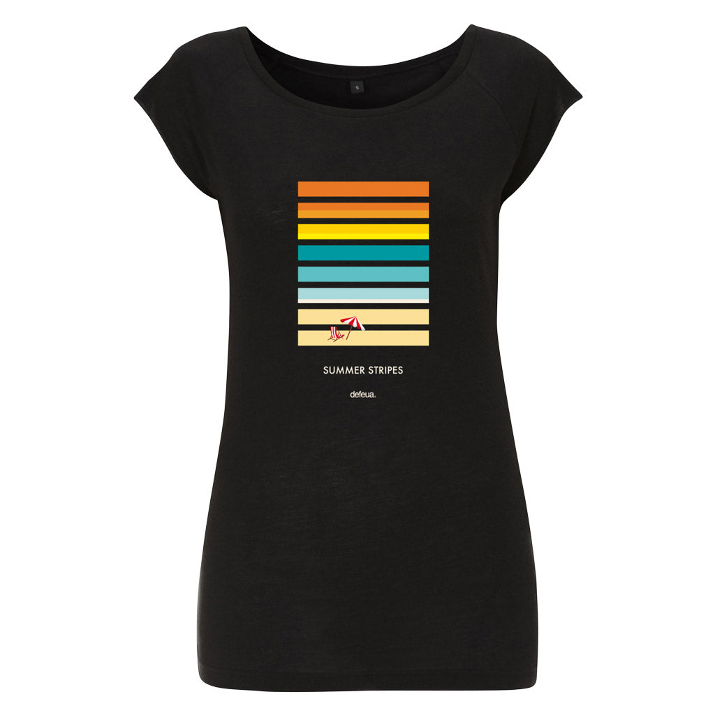 Defeua® SUMMER Stripes, tshirt nera sull'estate estate bianca donna in cotone biologico e bamboo - grafica tramonto sul mare