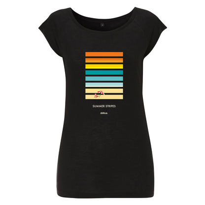 Defeua® SUMMER Stripes, tshirt nera sull'estate estate bianca donna in cotone biologico e bamboo - grafica tramonto sul mare