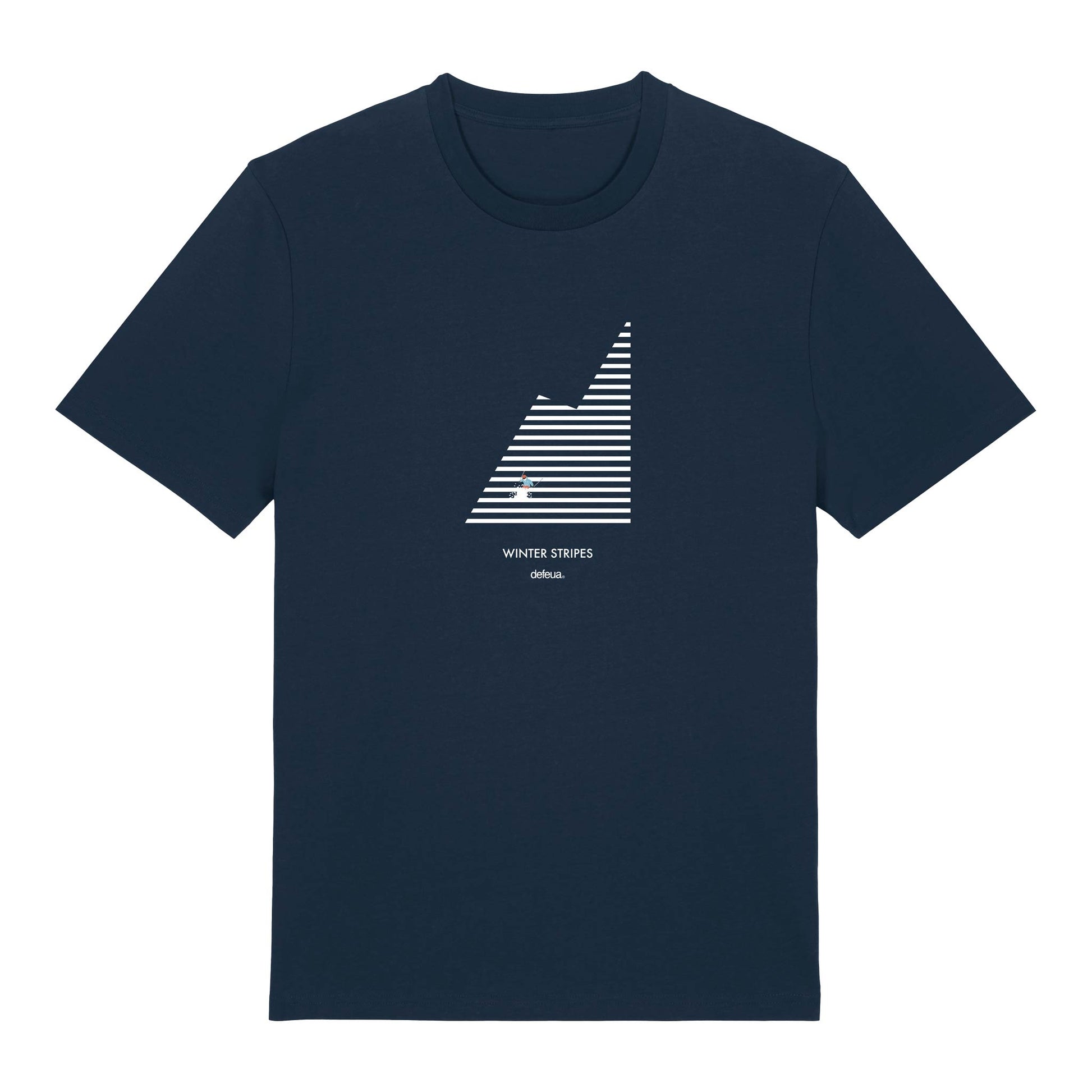 Defeua® WINTER STRIPES t-shirt 100% cotone biologico navy con le strisce sullo sci e la montagna