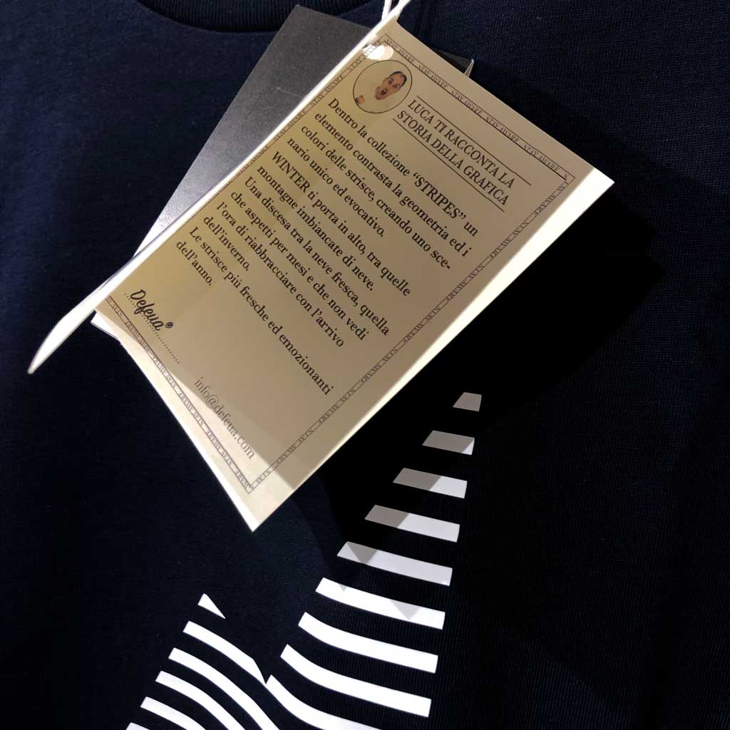 Defeua® WINTER STRIPES t-shirt 100% cotone biologico blu, con le strisce sullo sci - carta di identità