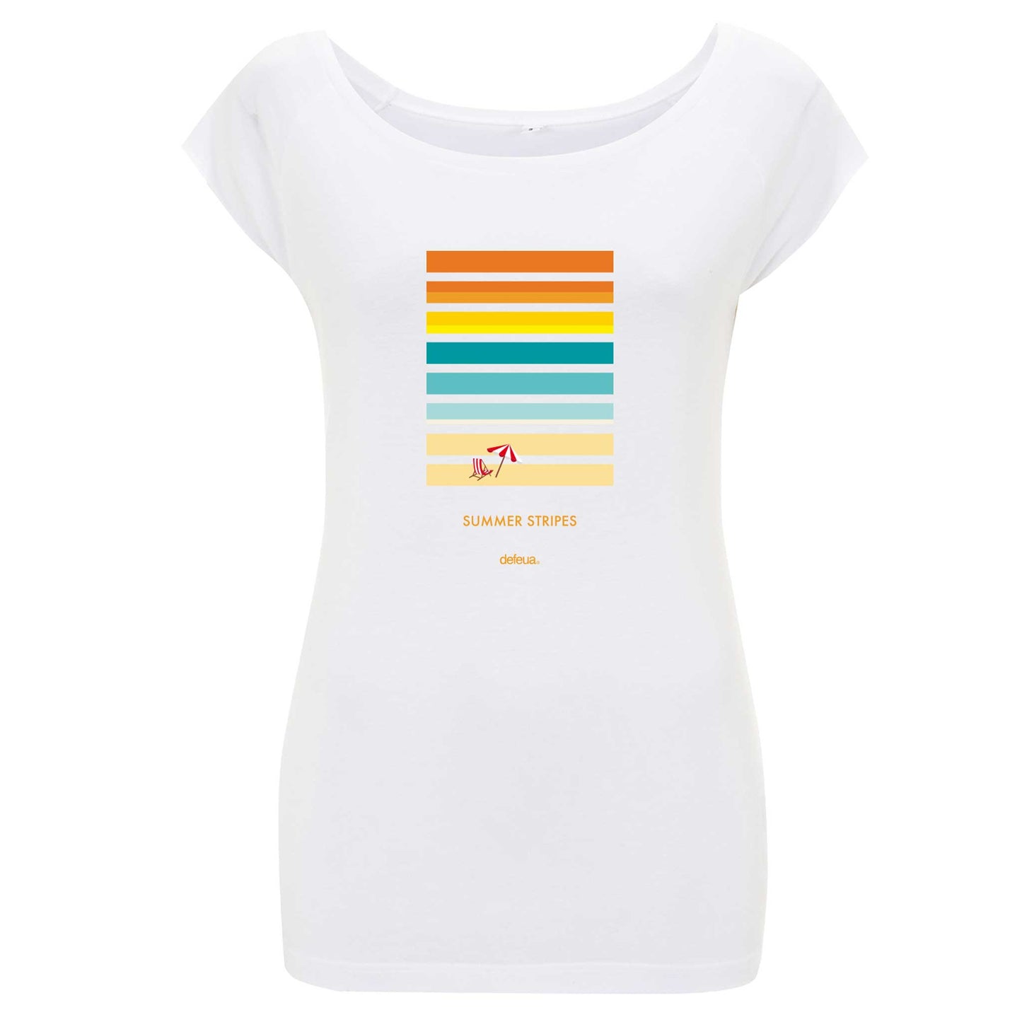 Defeua® SUMMER Stripes, tshirt estate bianca donna in cotone biologico e bamboo - grafica tramonto sul mare